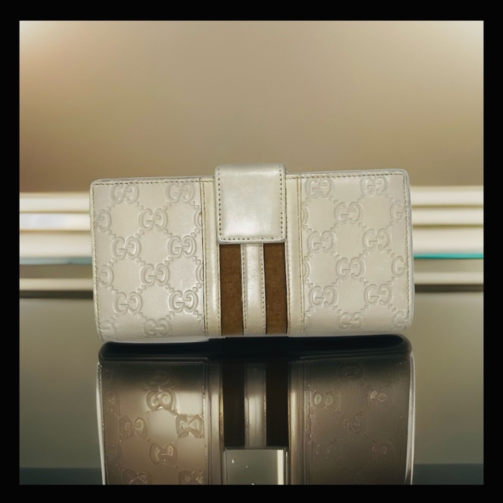 Authentic Gucci Imprime Monogram GG Continental Flap Wallet Cream Brown COA